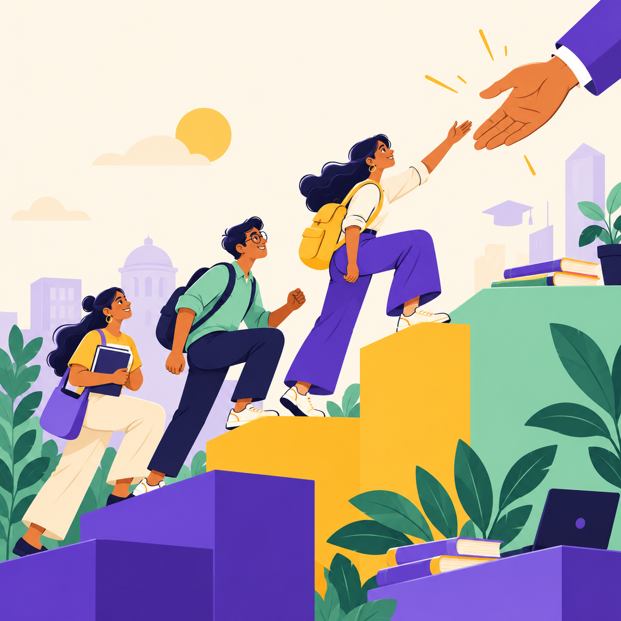 Young people climbing purple, yellow and mint steps, with a helping hand reaching down to support them.